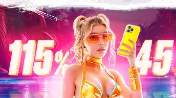 Image of a woman in a gold outfit holding a phone, symbolizing the weekly bonus at Vulkan Platinum Online-casino with highlighted percentage and free spin offers.