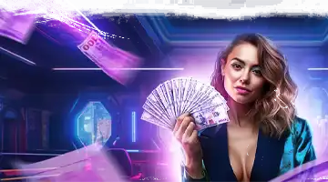 Image of a woman holding a fan of money bills, symbolizing the cashback bonus at Vulkan Platinum Casino.