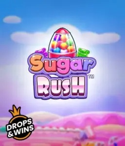 Enjoy the colorful world of the Sugar Rush slot game by Pragmatic Play, featuring a bright candy dispenser on a whimsical candy landscape. This graphic portrays the playfulness of the game, enhanced with vivid candies and engaging typography. Perfect for those with a sweet tooth, promising endless entertainment. 